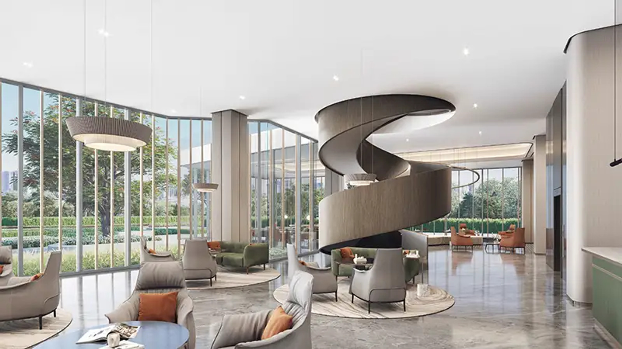 Capital One Motor City atrium lounge with staircase, Dubai