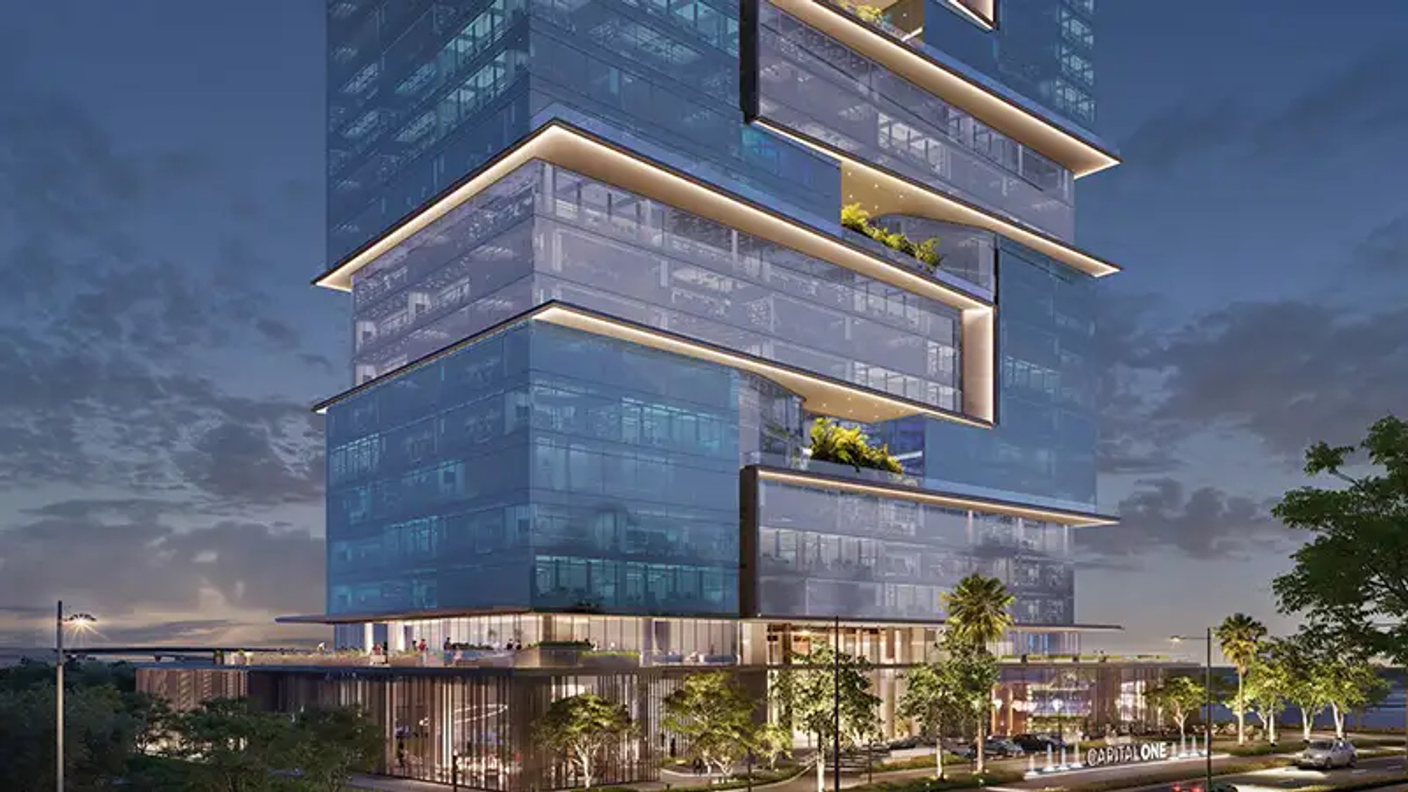 Capital One Motor City office tower at dusk, Dubai