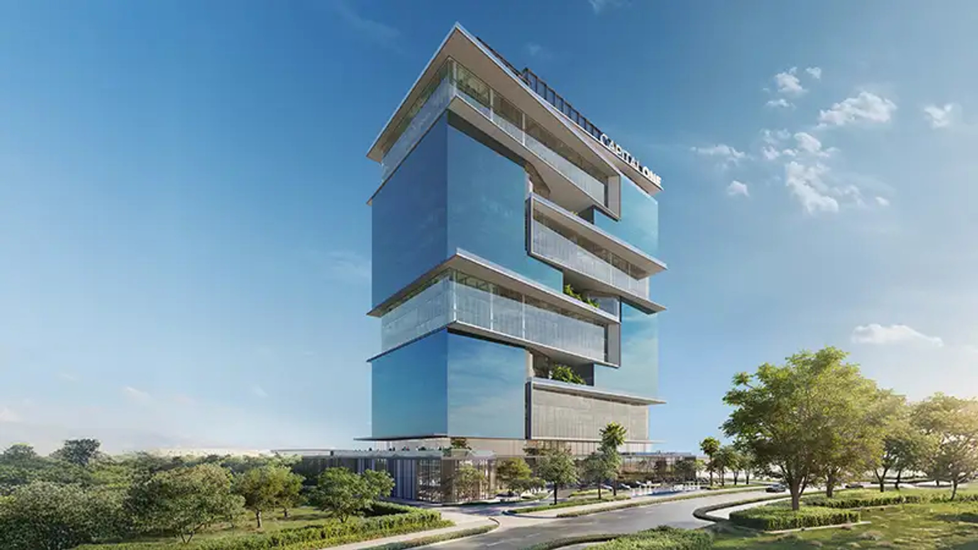 Capital One Motor City tower facade view, Dubai