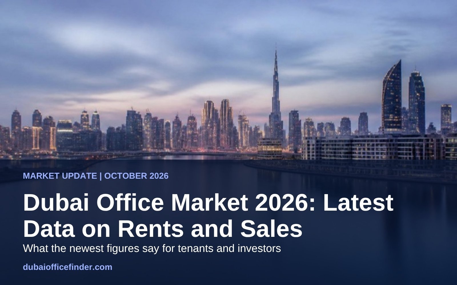 Dubai office market 2026: Business Bay and Downtown towers at dusk with title overlay