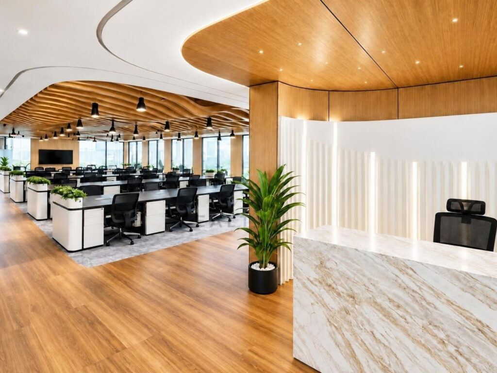 Fully fitted office for rent in Emaar Business Park Building 1 – open-plan workspace with reception
