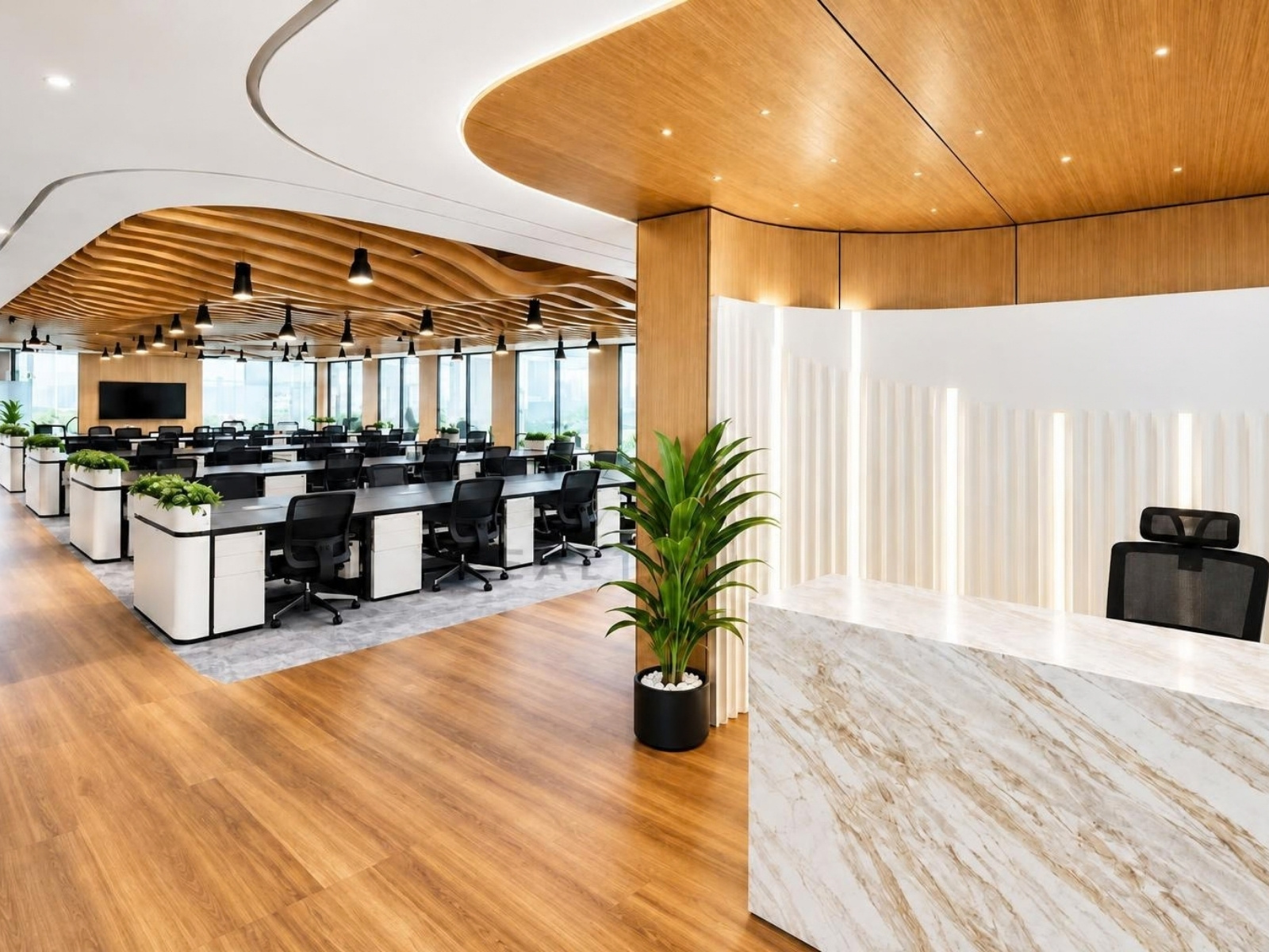 Fully fitted office for rent in Emaar Business Park Building 1 – open-plan workspace with reception