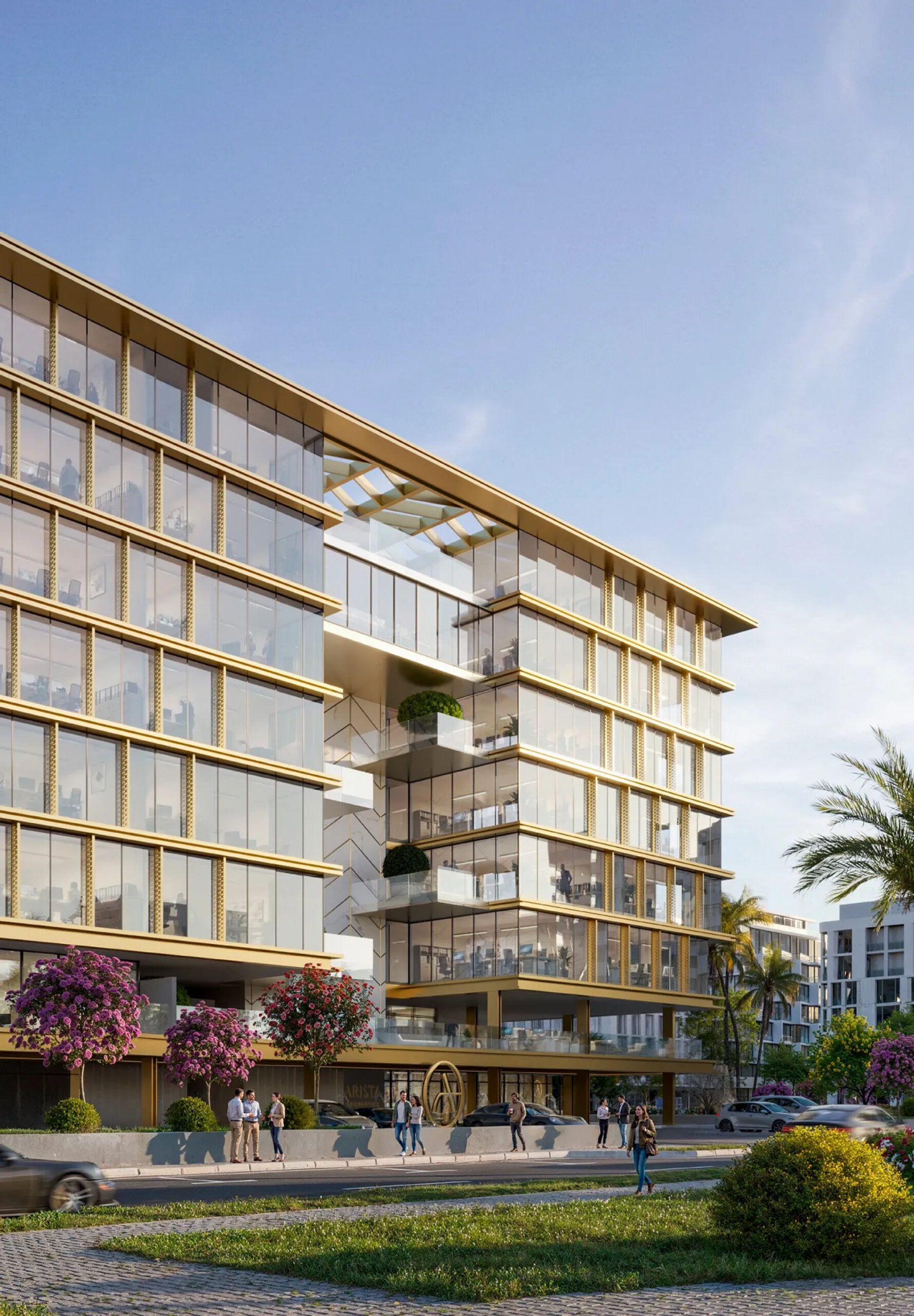 HQ by Arista Al Furjan building facade with landscaping, Dubai