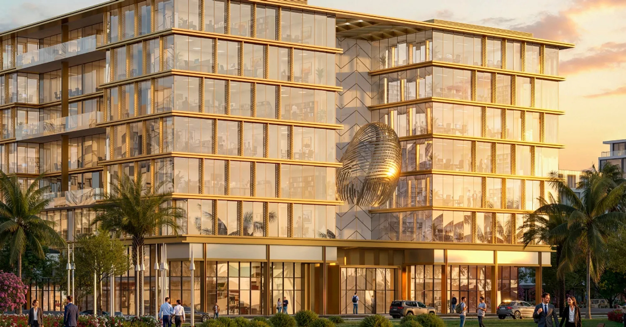 HQ by Arista Al Furjan facade at sunset street level, Dubai