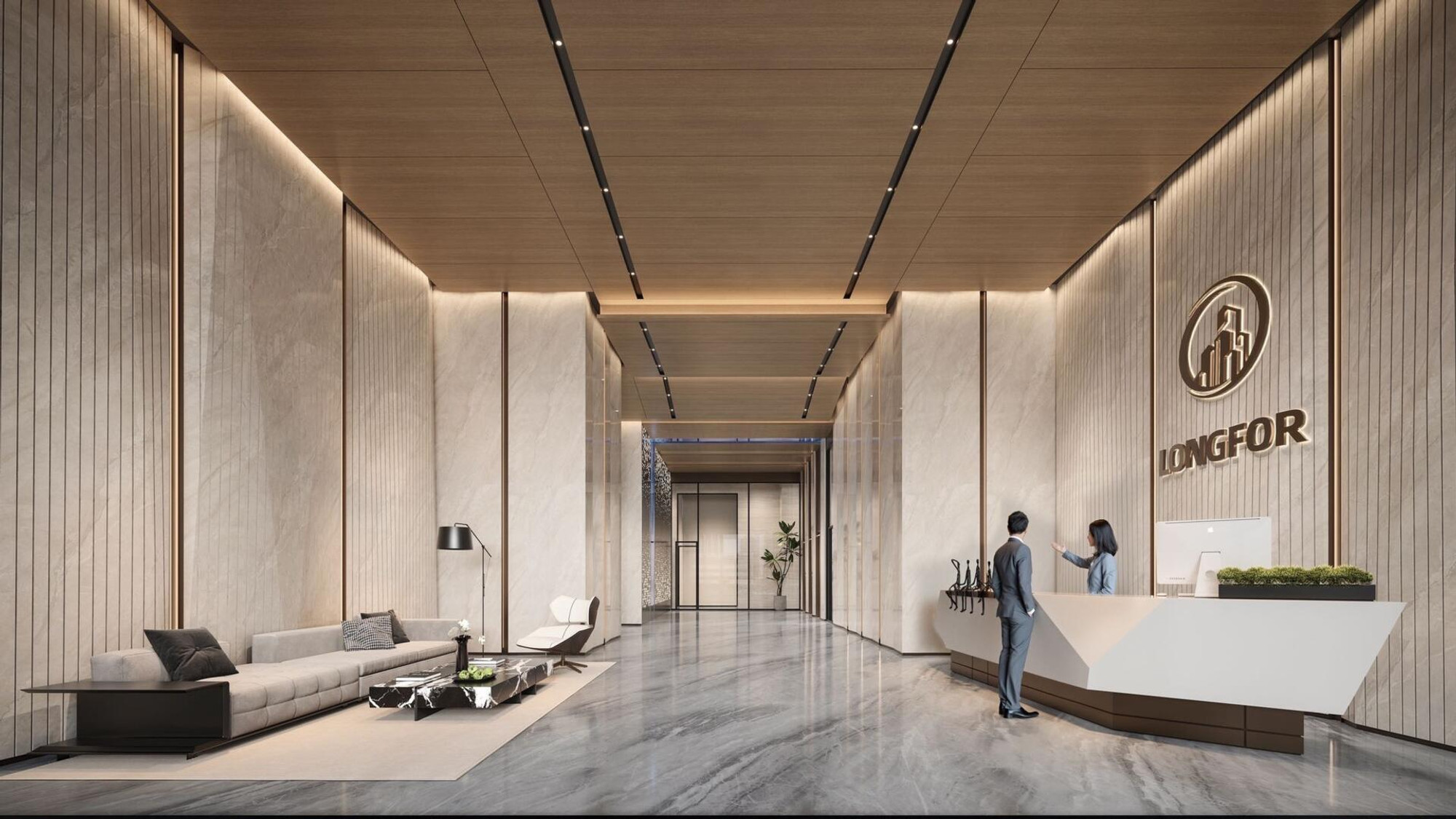 Longfor International Center reception lobby with logo, Dubai