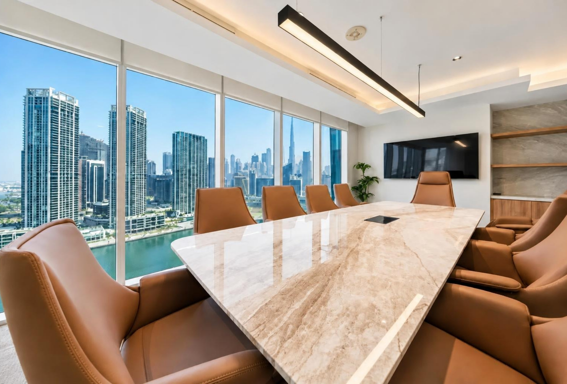 Boardroom with marina view in the Magnum Opus Bay office