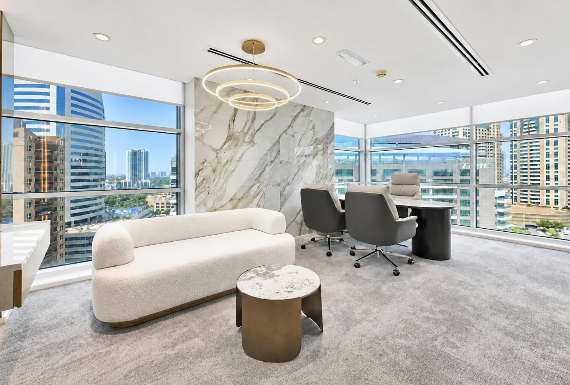 Private cabin with sofa and desk in Magnum Opus Bay office