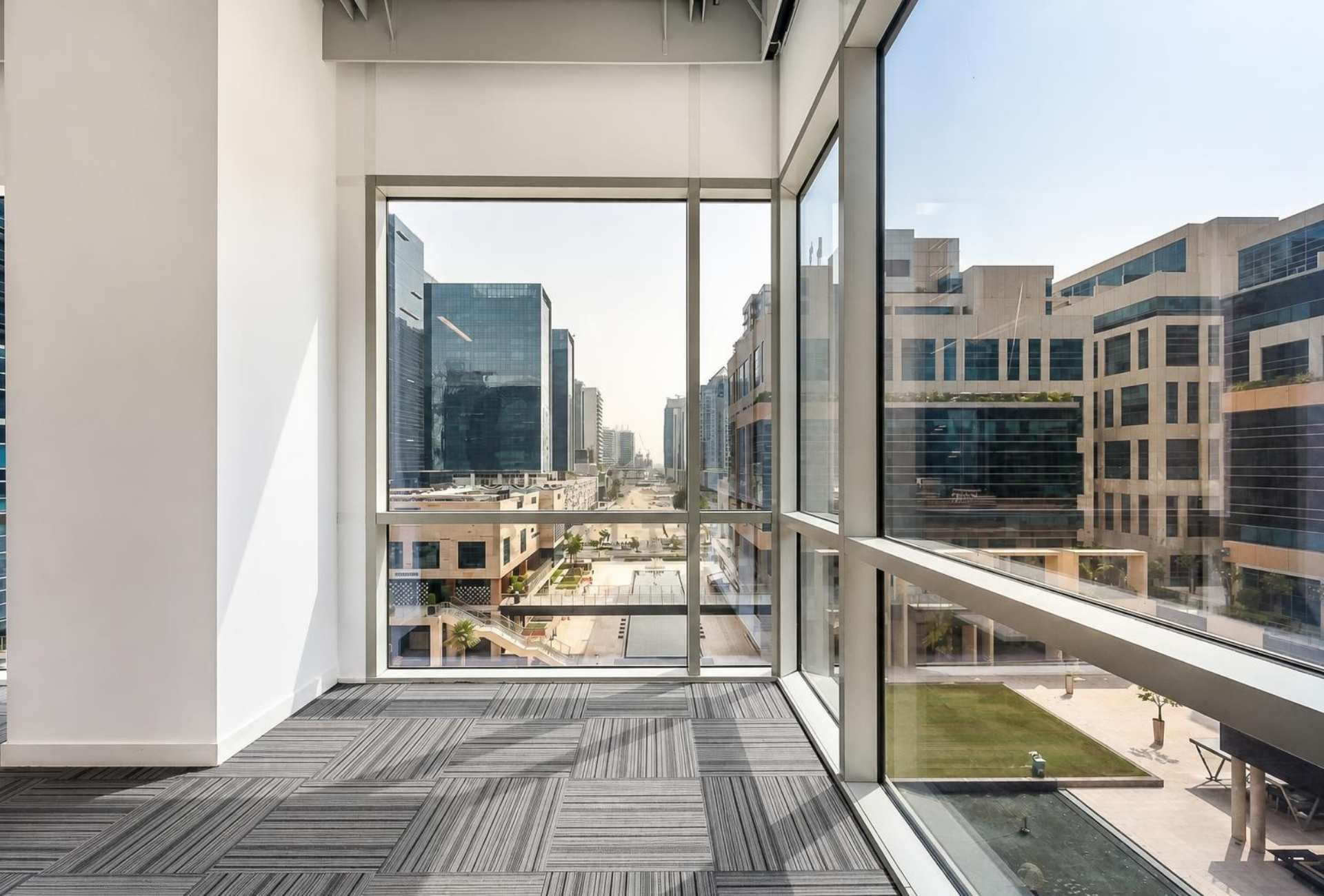 Corner window view over Bay Square from Building 6 office