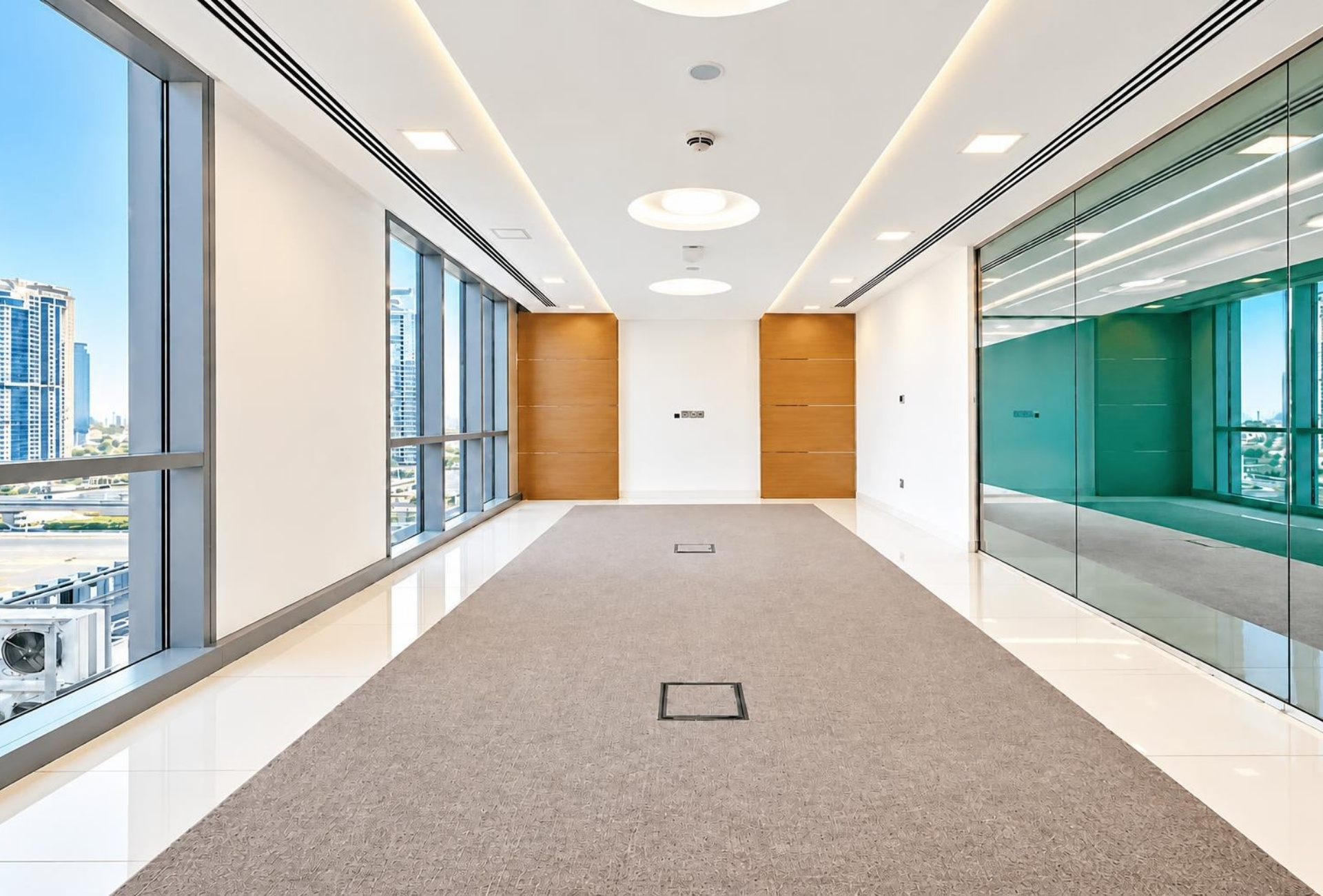 Corridor and glass partitions in Marina Plaza office